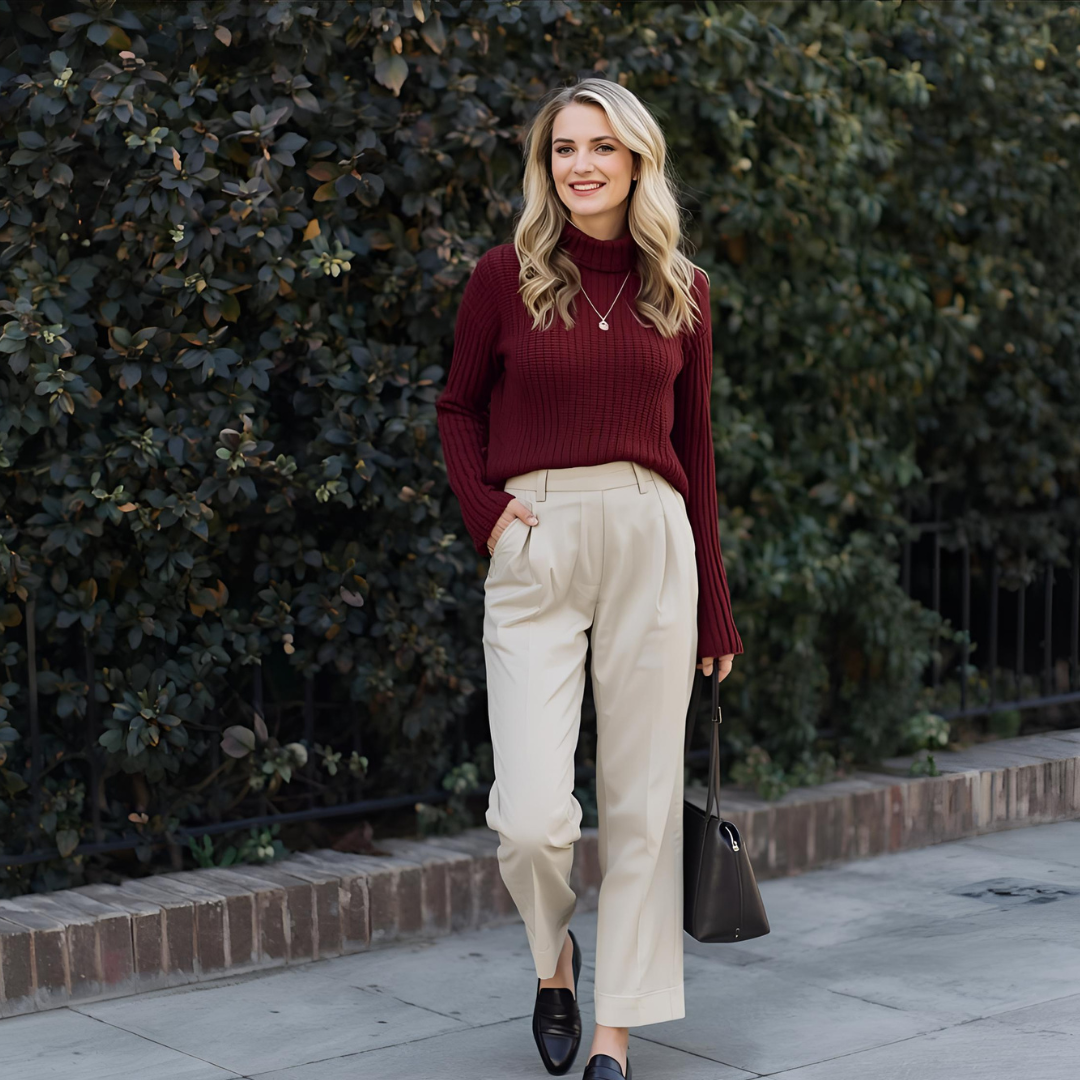Casual thanksgiving outfit ideas for women with comfortable trousers and sweater
