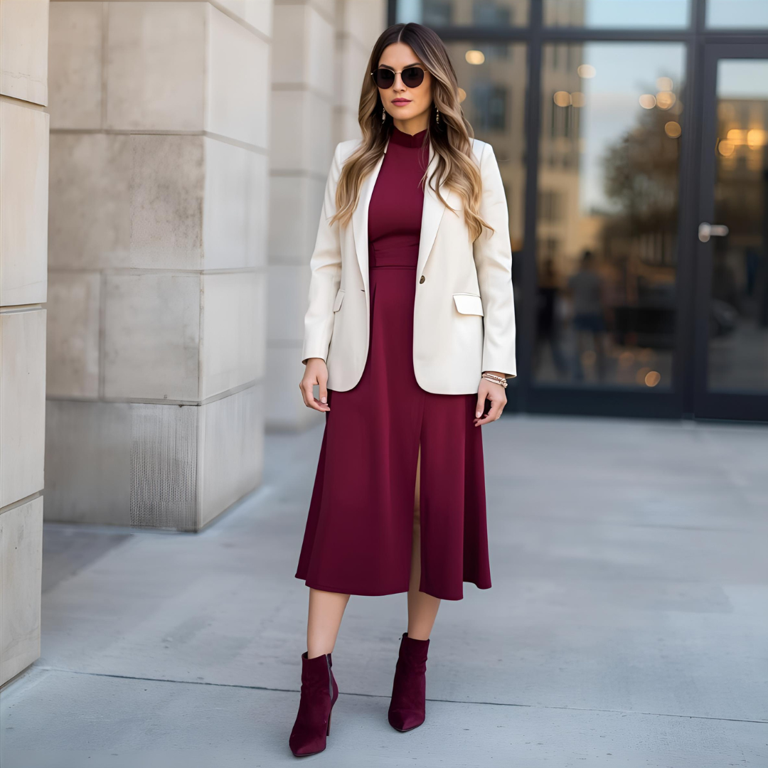 Elegant thanksgiving outfit ideas for women featuring a burgundy dress